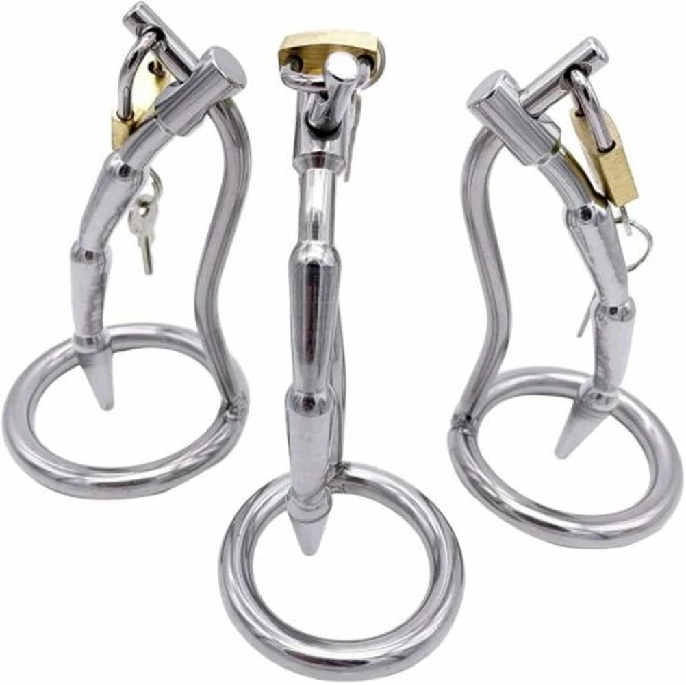 HotX 3 Size Stainless Steel Male Chastity Cage Device Cock Ring Urethral Dilator Penis Plug Lock Adult Game Sex Toys for Men