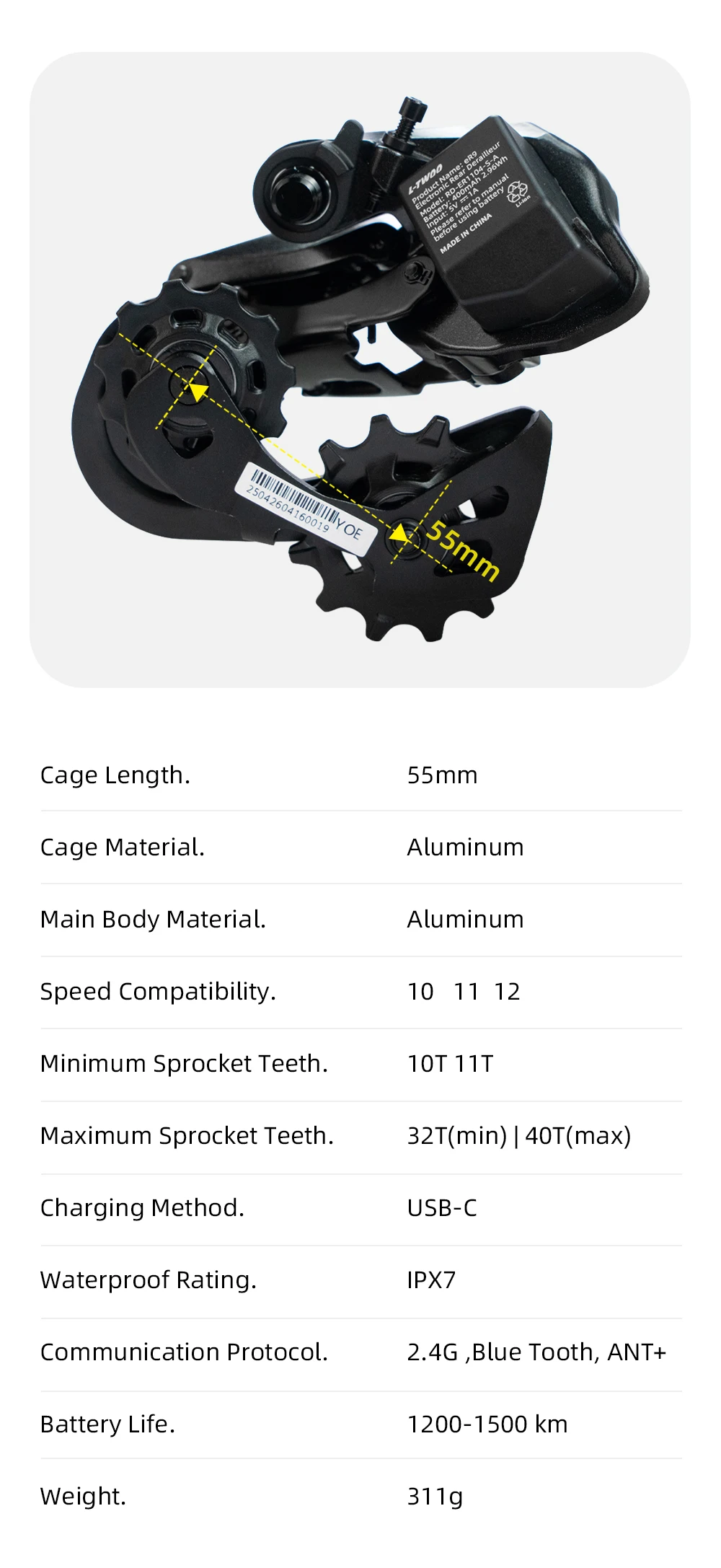 LTWOO ER9 Kabelloses Elektronisches Schaltgruppen-Set, Kompatibel mit 3-12 Gängen für 14-20 Zoll Faltrad/Rennrad mit Flachlenker – Detail 8