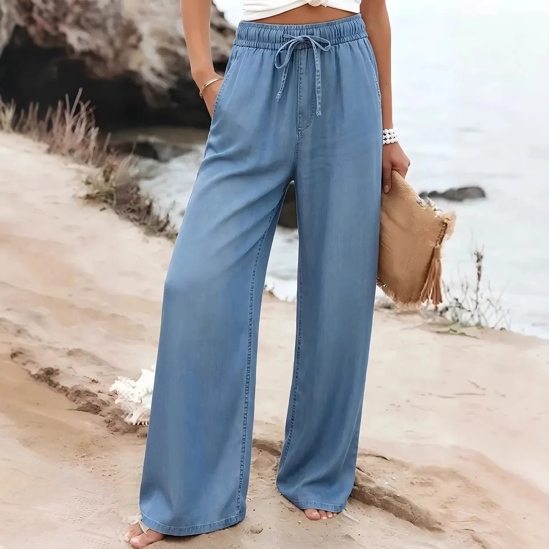 

Faux Denim Wide Leg Pants Loose Fit Trouser 2026 Spring Summer Women's Casual Loungewear Breathable Fabric Day Out Outfit