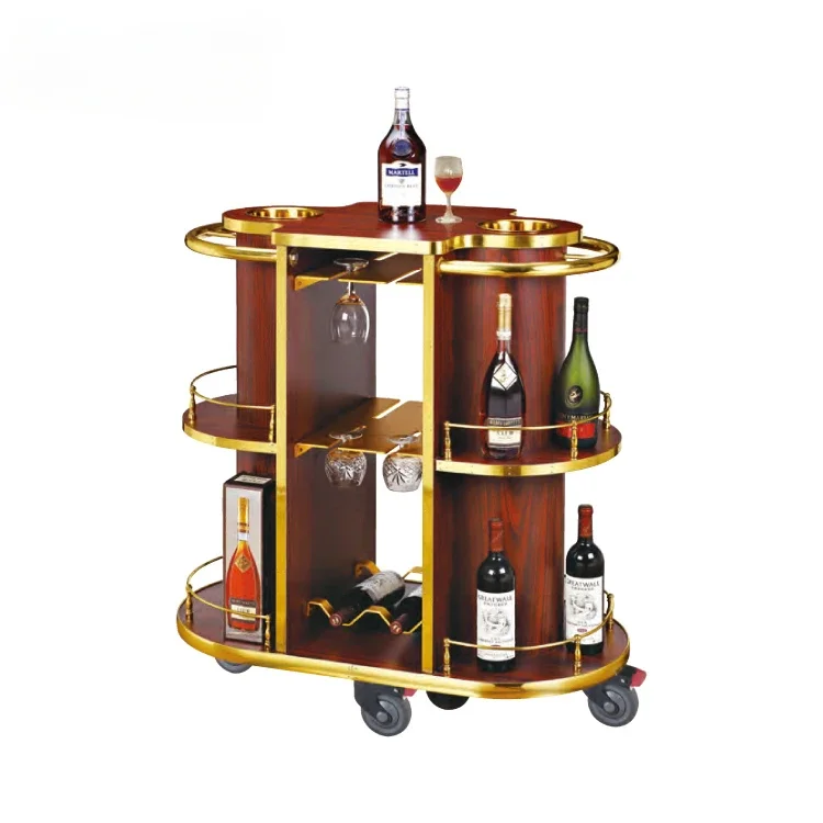 Hot Sale Wooden Folding Luxury Hotel Golden Food Serving Trolley