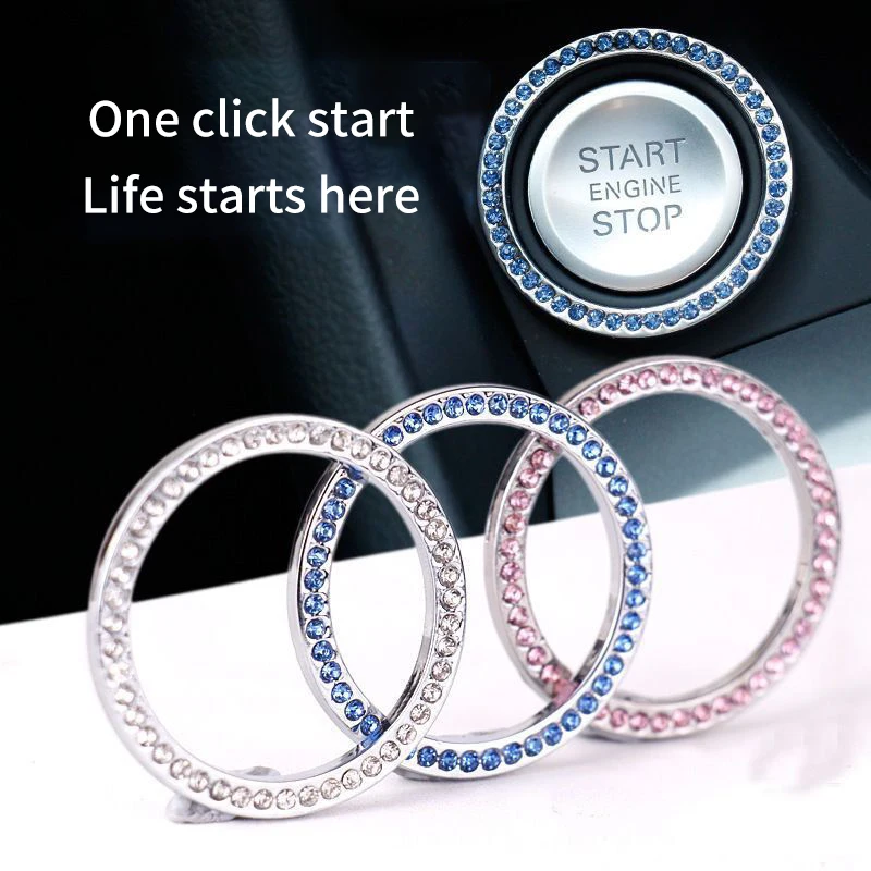 Car One-Touch Start Diamond Rhinestone Circular Ring Decoration Switch Button Drill Circle Trim Protective Sticker Car Accessory