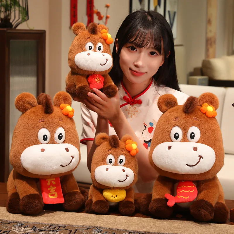 

New Year Blessing Flower Pony Plush Toys Stuffed Sitting Pose Cartoon Little Horse Doll Multiple Cute Dressed Mascot Toys