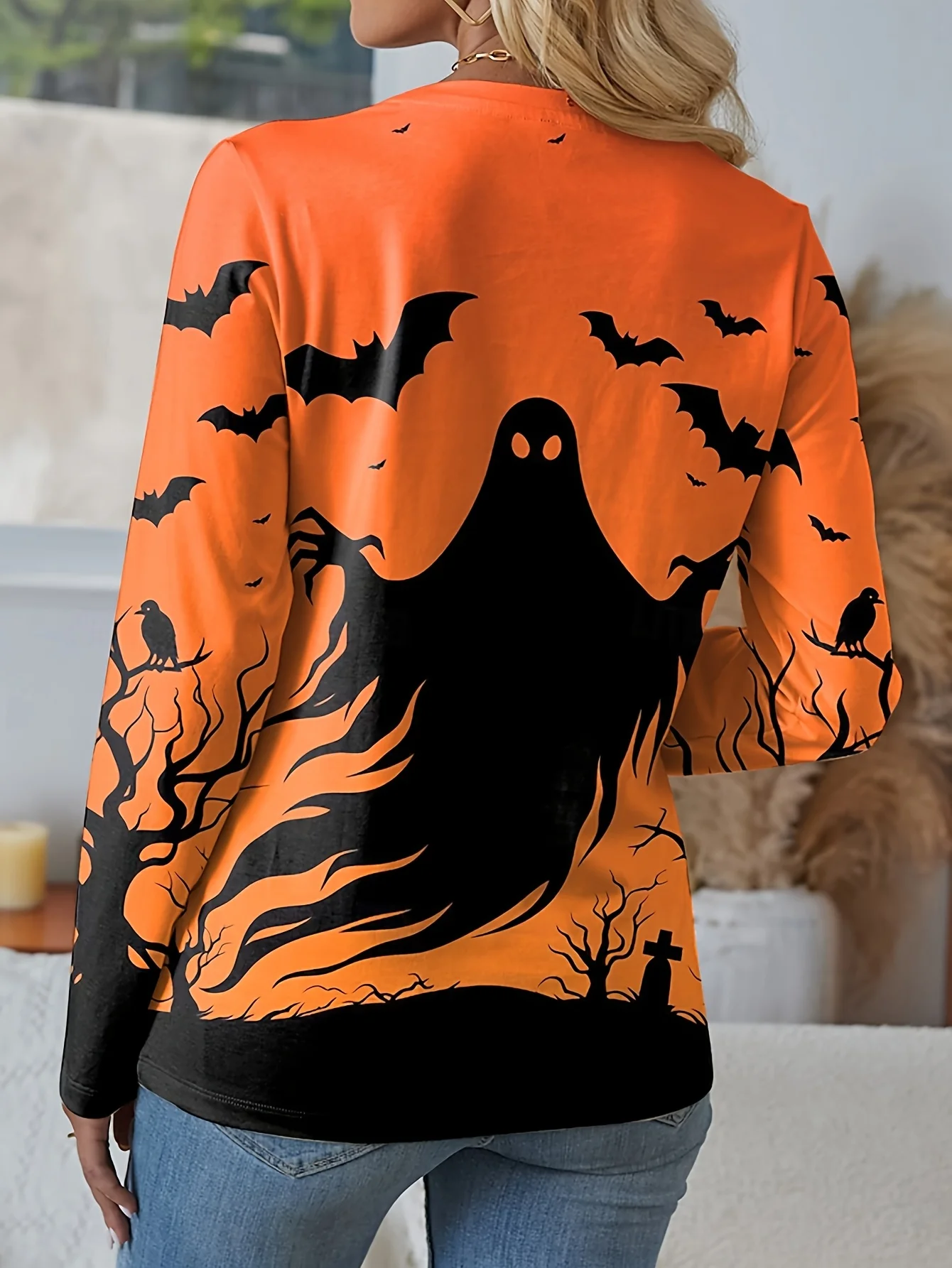 Sudadera de mujer con estampado de fantasma de Halloween, naranja y negro, con diseño de murciélago, espeluznante, de manga larga, cuello redondo, estilo casual, top de vacaciones aterrador.
