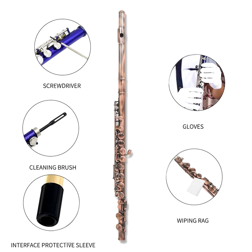 16‑Hole Vintage Retro White Copper Flute C Key Antique Bronze Woodwind Instrument With Strap And Leather Carry Case