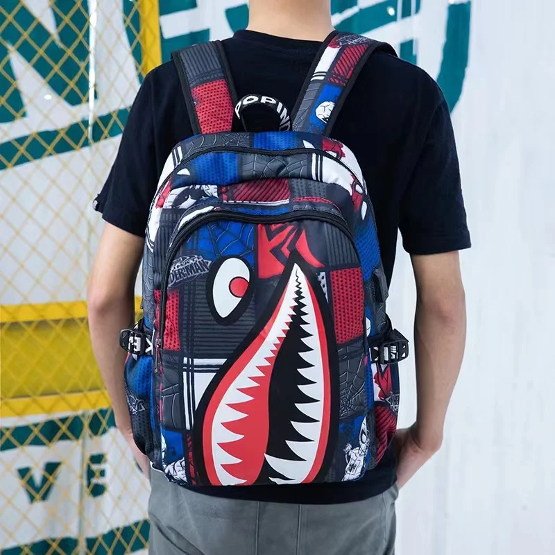 Men Backpack USB Charging Laptop Bag Primary School Students Bags Light Weight Spider Sharks Print Junior Boys Girls Schoolbags