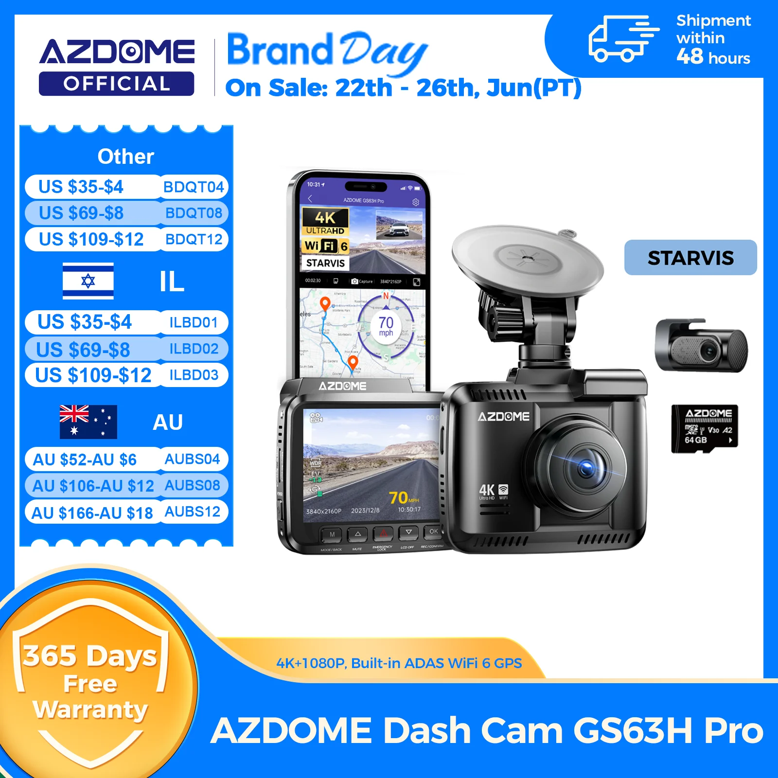 מצלמת רכב AZDOME GS63H Pro 4K+1080P עם GPS ו-WiFi