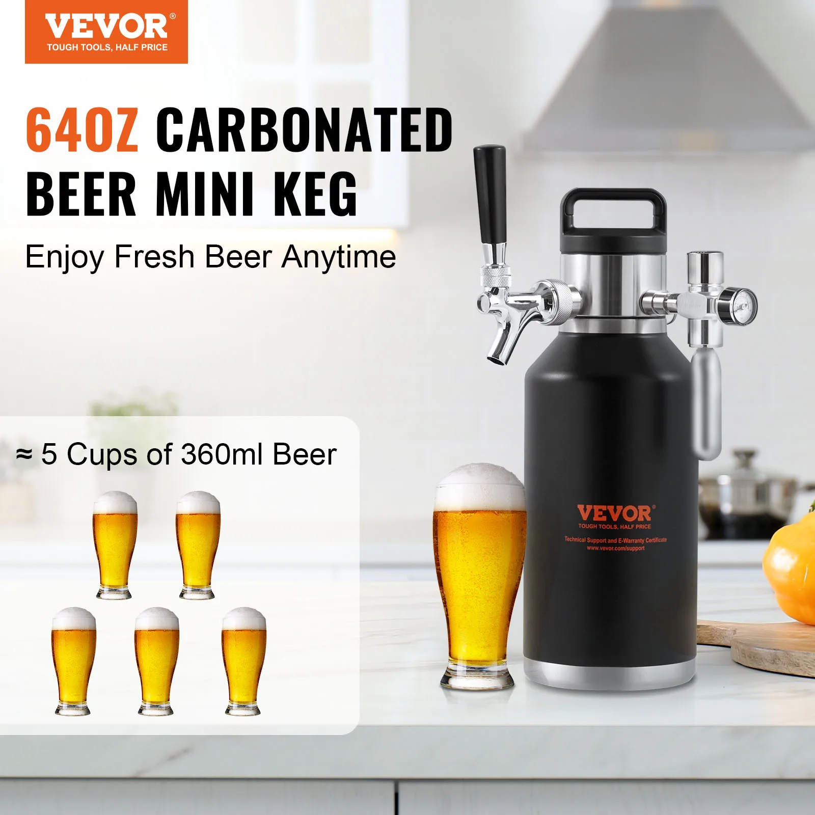 VEVOR Beer Growler Tap System, 64/128 Oz Mini Keg,304 Stainless Steel Pressurized Beer Growler, Keg Growler w/ Pressure Display