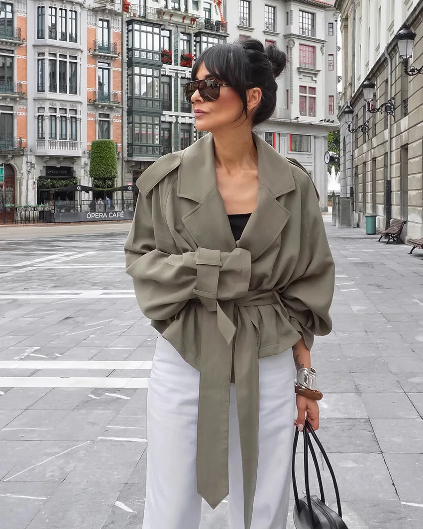 Autumn Women's Luxury Casual Windbreaker with Large Lapel Lace-Up Jacket Lazy Style Versatile Fashionable Outerwear