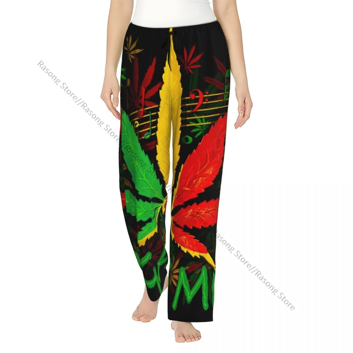 

Rasta Leaves Flannel Pajama Pants for Women Soft Warm Sleep Pants with Elastic Waistband