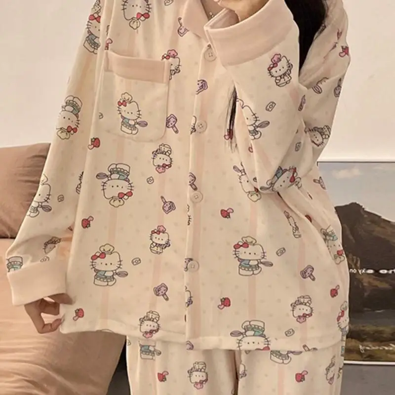 Sanrio Hello Kitty Cartoon Anime Japanese Cute Pajamas Girl New Long Sleeved Sleepwear Y2K Sweet Girl Style Clothes New Style