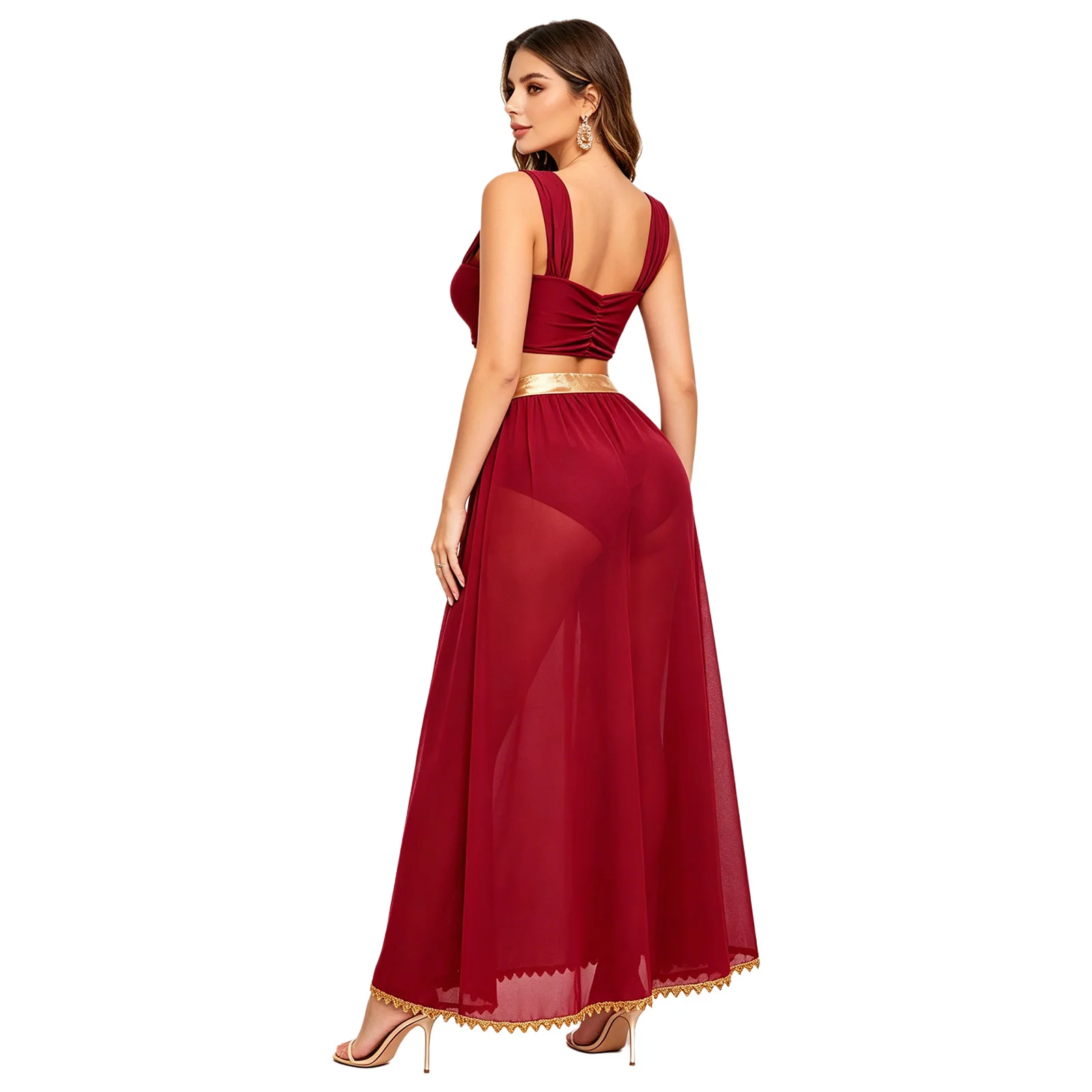 Womens Oriental Indian Dance Outfit Festival Arabian Princess Belly Dance Costume Gold Trim Crop Top with Tassels Chiffon Skirt