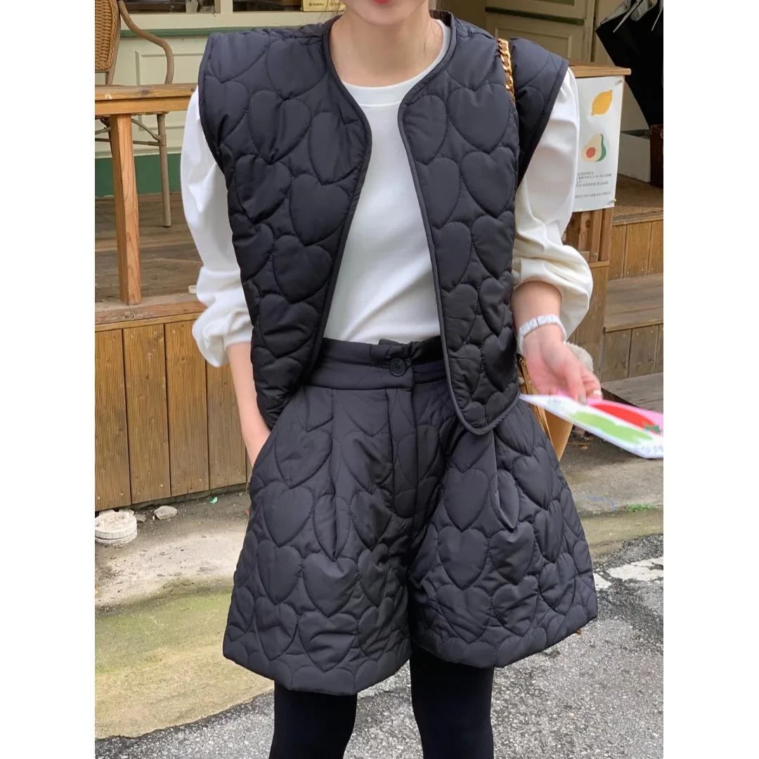 韓国風シックなハート柄コットンベストトップとカジュアルスリムフィットパンツのツーピースセット レディースファッショナブル通勤服