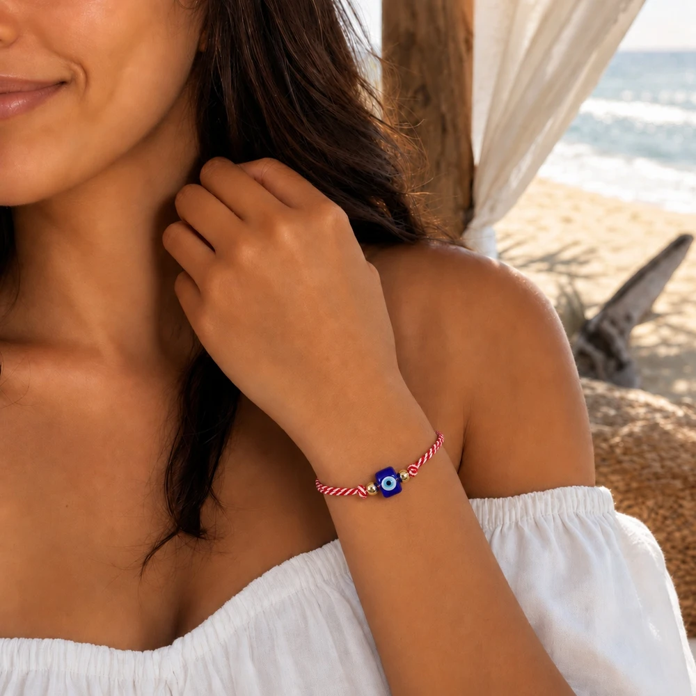 1pc Adjustable Red White Braided Cord Bracelet with Blue Glass Eye Bead and Copper Beads Classic Unisex Strand