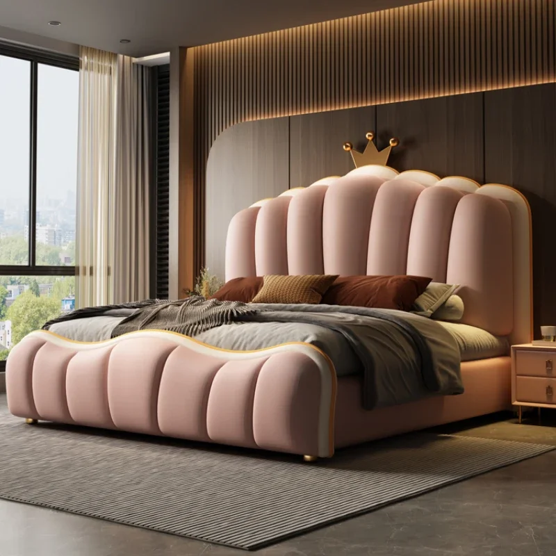 

Pretty Modern Pink Double Bed King Size Princess Villa Leather Bed Loft Comferter Cama Matrimonial Bedroom Set Furniture Queen