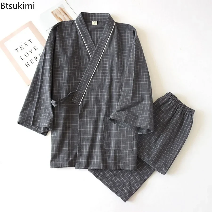 Men's Pajamas Sets Japanese Kimono Robe Sets Comfortable 100% Cotton Plaid Loose Casual Home Bathrobes Long Pants Two Piece Sets