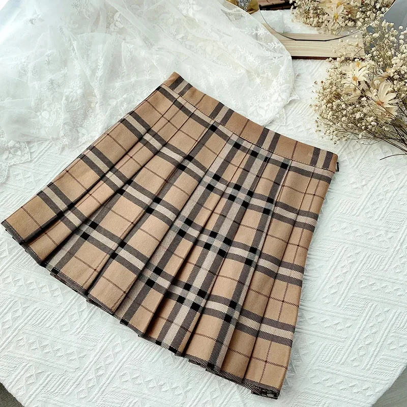 Plaid Streifen Rock Frauen koreanische hohe Taille Khaki All-Match Minirock süßes Mädchen Student Stil JK Uniform Falten rock neu