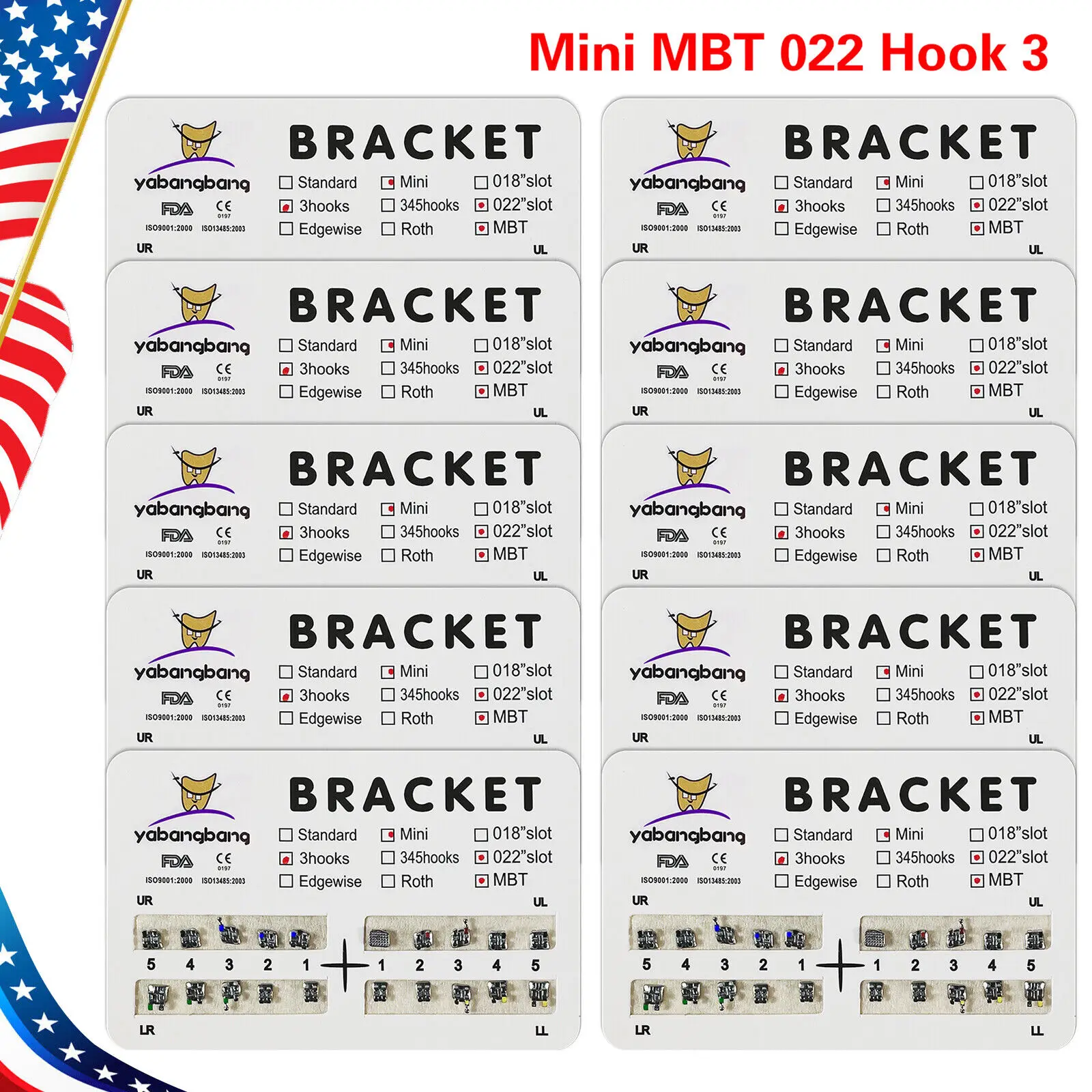 10 Packs/200PCS Dental Orthodontic Bracket Braces MBT. Mini 022 Slot  3 hooks