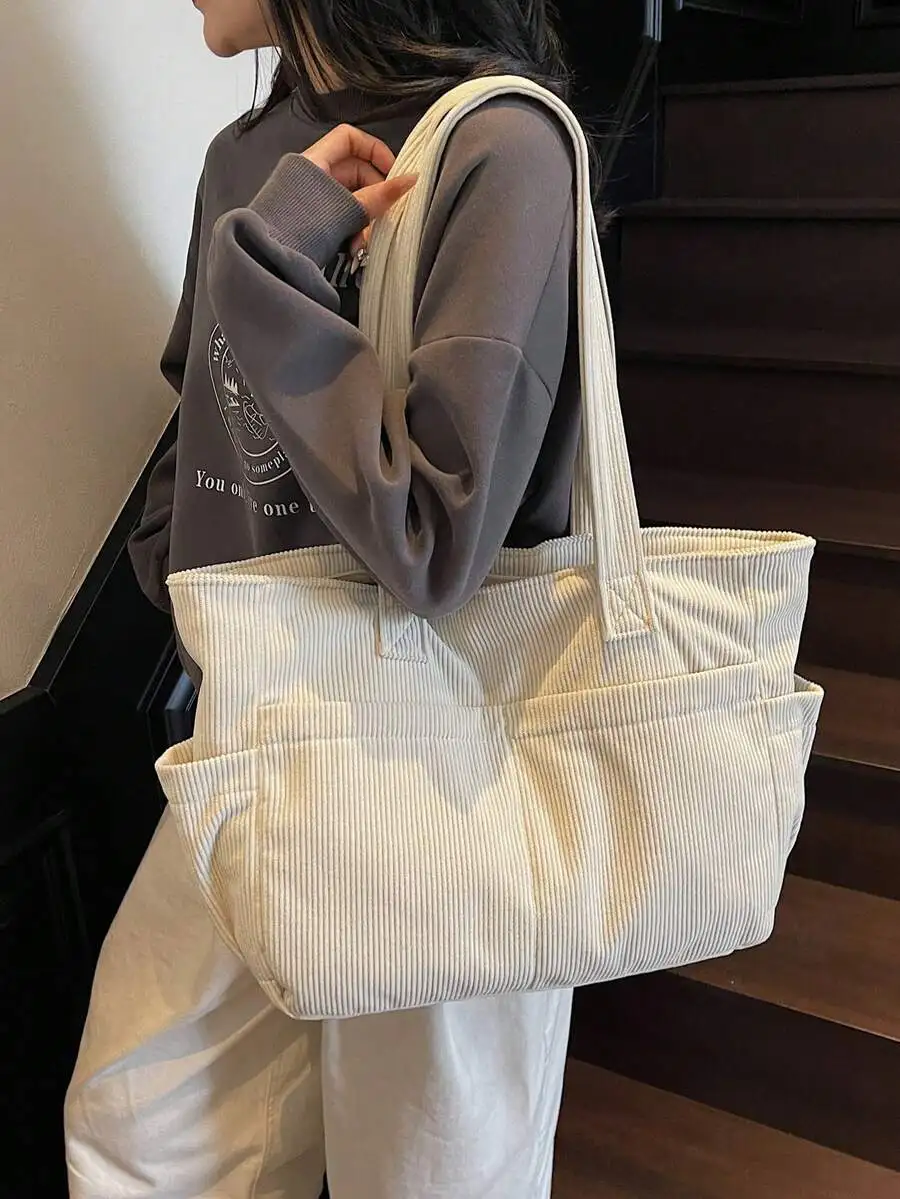 

Corduroy Multi-Pocket Tote - Large Literary School Bag for College & Shopping