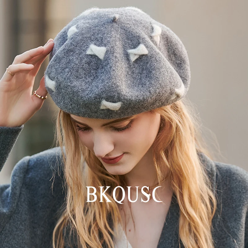 Bow Knot Wool Women\'s Berets Winter Warm Cute Splicing Painter Berets Cap Female Fashion Cashmere Cap Girl\'s Stylish Gray Beret