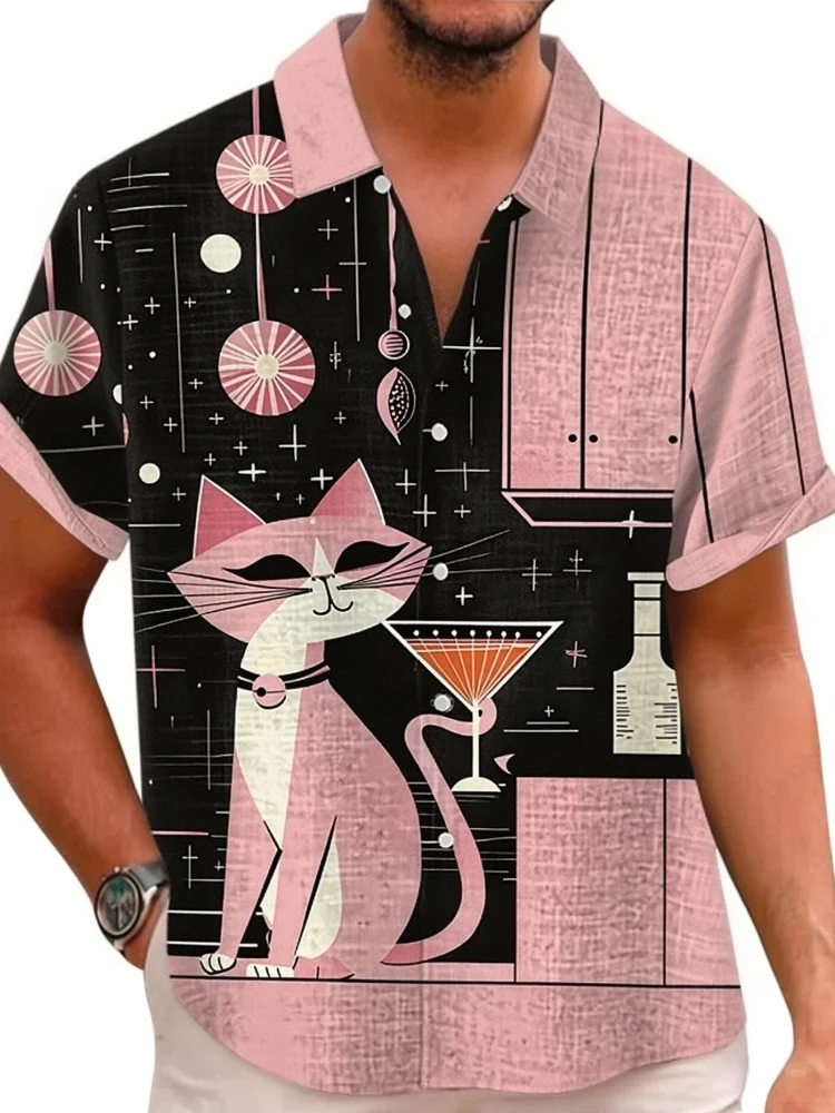 

Plus Size Men's Mid-Century Modern Pink Cat Graphic Linen Shirt Casual Short Sleeve Button-Down Top Streetwear & Vacation Clothe