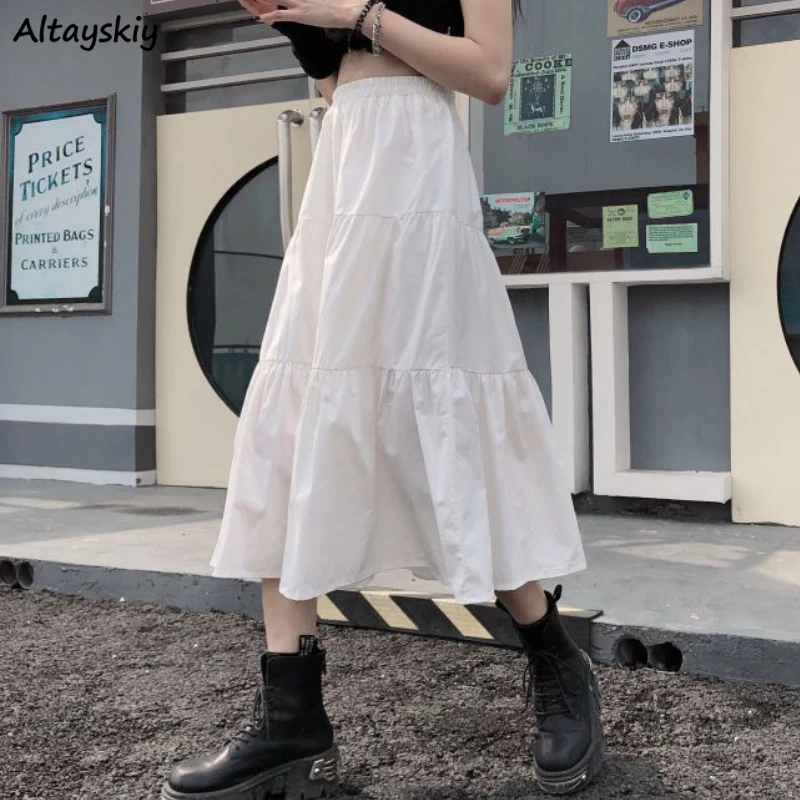 

Preppy Style A-line Skirts for Women Pure Simple Folds Autumn Sweet Teens High Waist All-match Leisure Harajuku Streetwear Chic