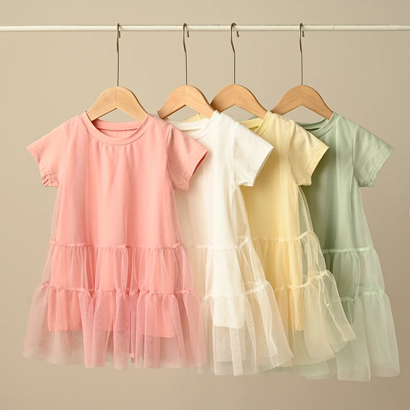 

2020 Princess Girl Tulle Dress Birthday Party Dress Children Summer Short Sleeve Cotton Kids Dress BC925