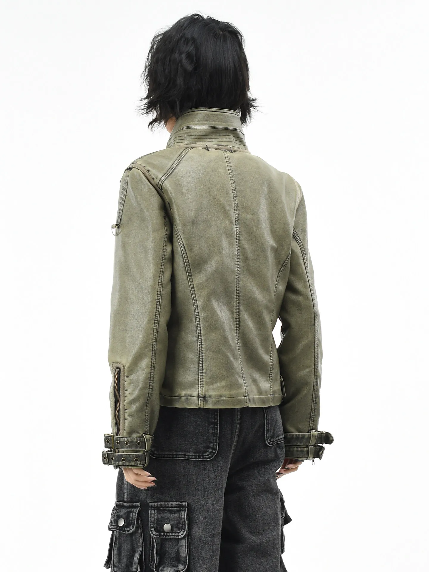 Outono inverno estilo punk americano gola workwear jaqueta de algodão verde para mulheres rebites cinza jaqueta de couro do plutônio