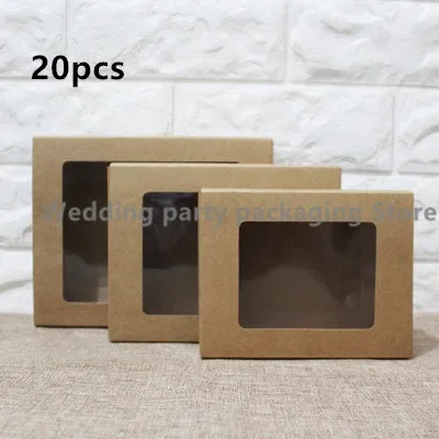 20Pcs White Kraft Paper Gift Box With Transparent PVC Window Black Paper Cake Box Red Wedding Cookie Candy Packaging Boxes