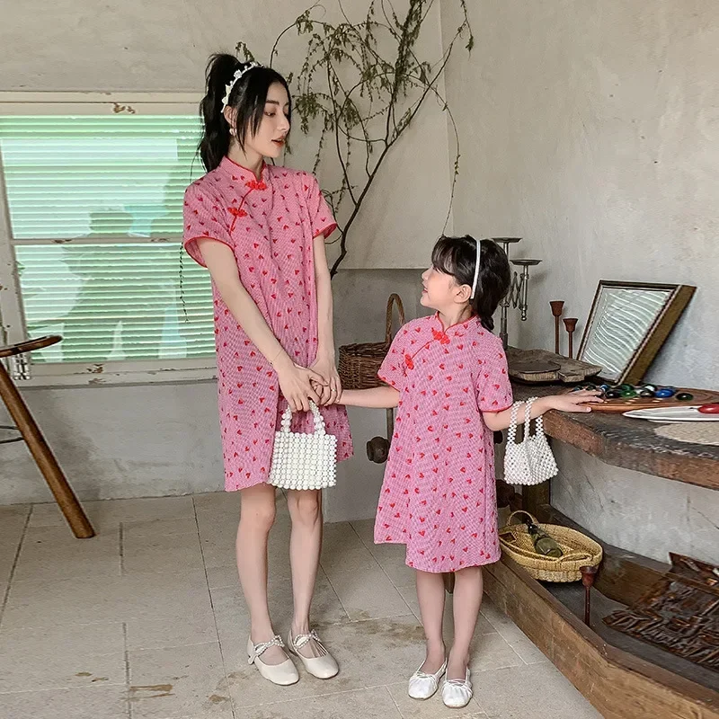 Mummy and Daughter Qipao Dress Chinese Style Mother Baby Girls Matching Dresses Short Sleeve Summer Mom and Me Cheongsam Robe