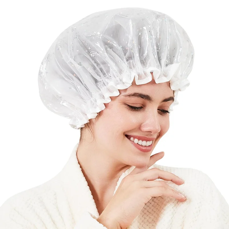 

Reusable Waterproof Shower Cap for Women Sequin Lined Large Double Layer Bath Hair Cap