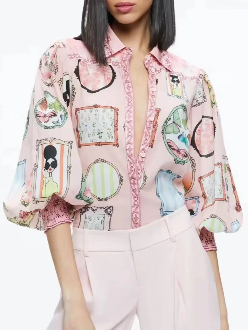

Cartoon Print Women 100% Cotton Pink Shirt Lantern Sleeve Turn-down Collar Single Breasted Loose Ladies Blouse