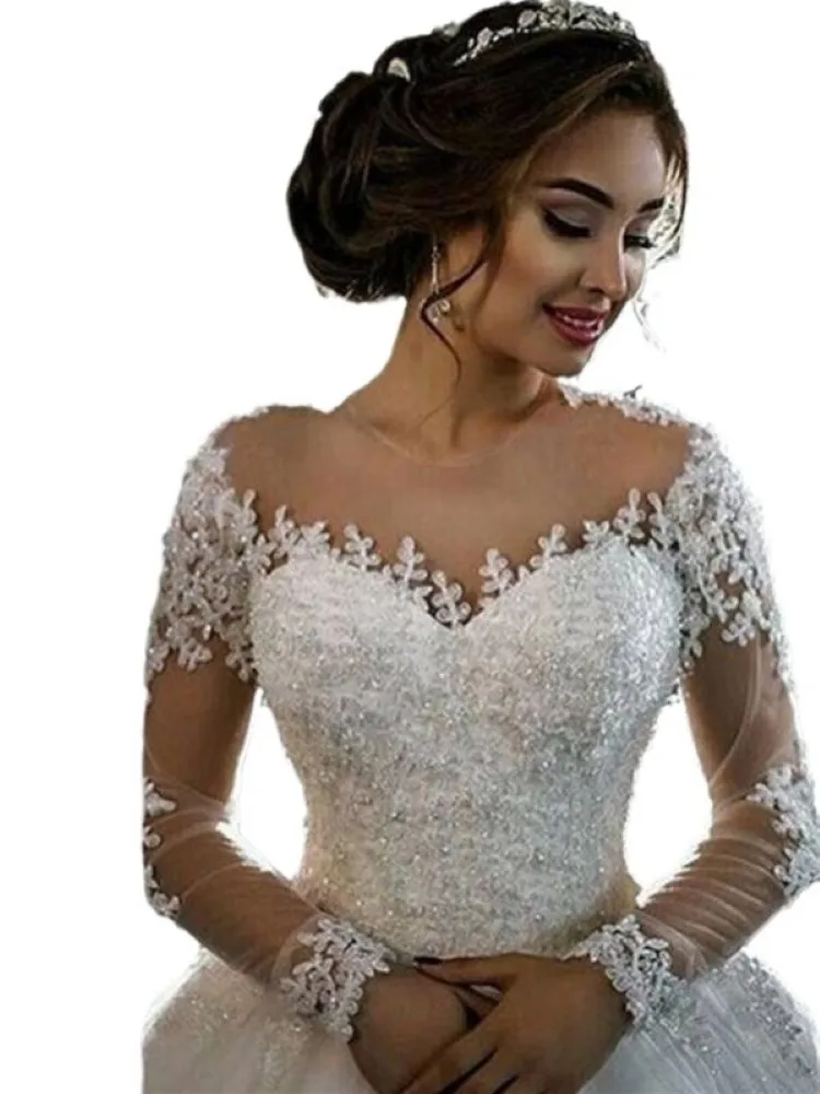 Novo lindo vestido de casamento real, renda fora do ombro, cintura média, trem médio longo, verão, 2024