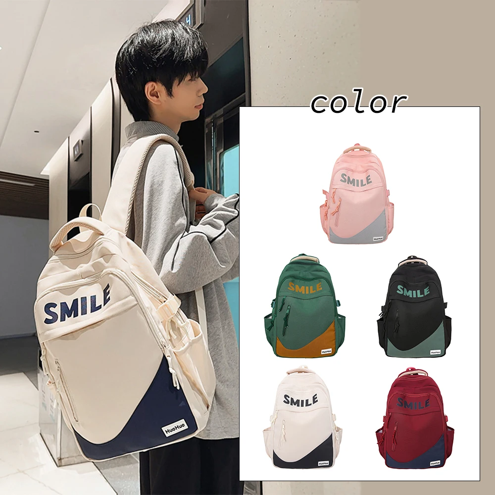 

Color Block Letter Print Nylon Backpack, Large Capacity School Daypack, Durable Casual Bag for Daily Use