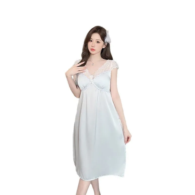 

Female Sexy Long Nightgown Simulation Silk Pajamas Lace Ice Silk Hanging Skirt Home Clothes Spring and Summer Thin Pure Desire