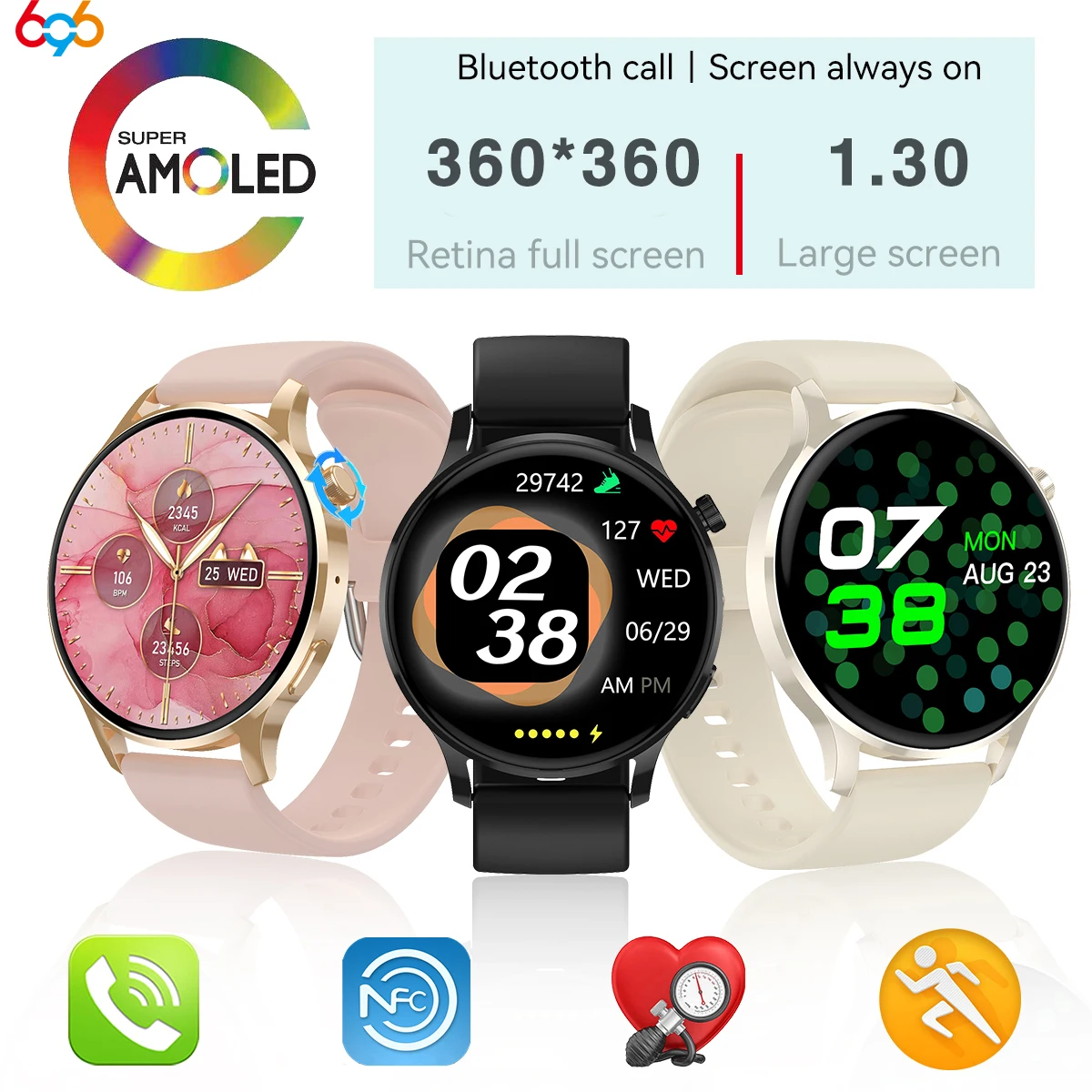 Smartwatch com Monitor de Freqüência Cardíaca e Voz para Mulheres, NFC, Lembrete de Chamada, Tempo, Música, Carga Sem Fio, Smartwatch com NFC, Senhoras