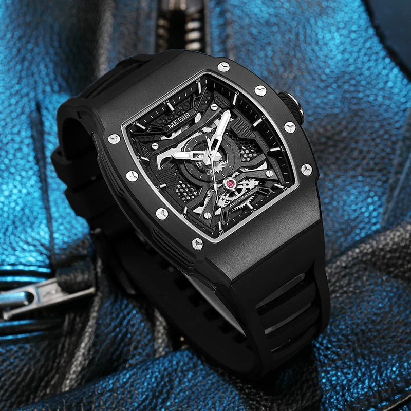 8604 men's rectangular automatic mechanical watch, featuring a stainless steel case and silicone strap, with a stylish design