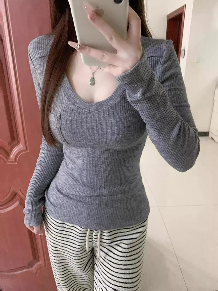 

Grey Long Sleeve T-shirt for Woman Sexy V-neck Slim Long Sleeve Tops 2025 Autumn New Top