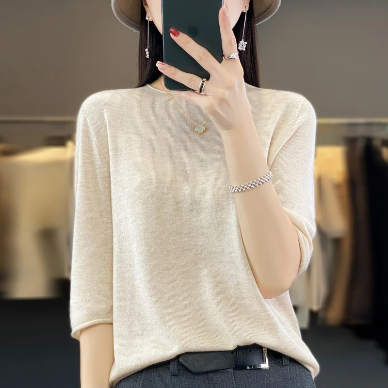 Knitted t-shirt spring/summer women's crewneck sweater pullover short sleeve slim fit knit top sweater sweater