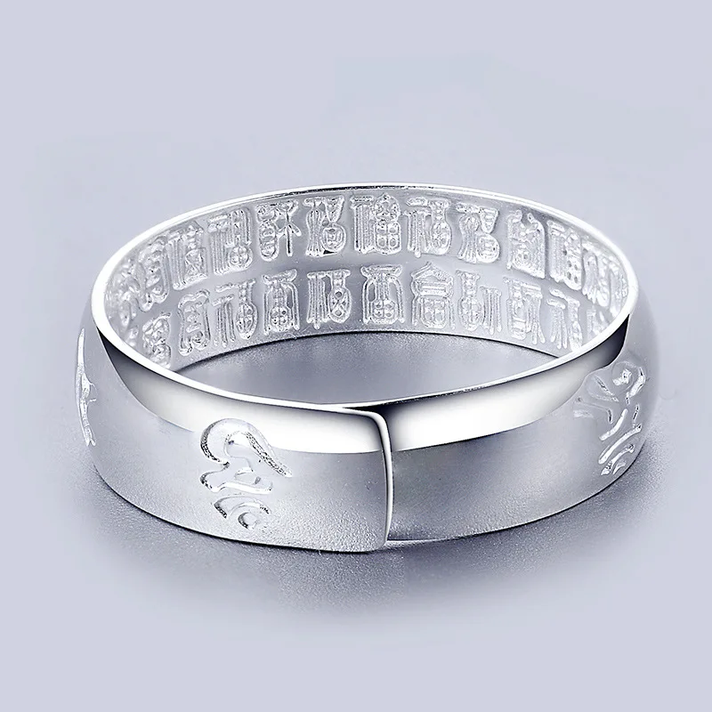 Anillo Mantra de seis caracteres de plata pura 999 para hombre con apertura ajustable, joyería de alta gama Simple y personalizada de plata pura