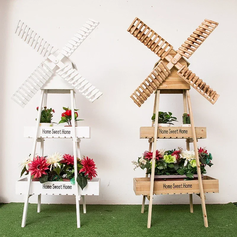 Creative Windmill Flower Rack Countryside Courtyard Decoration Wooden Balcony Storage Stand Flower Window Shop Display