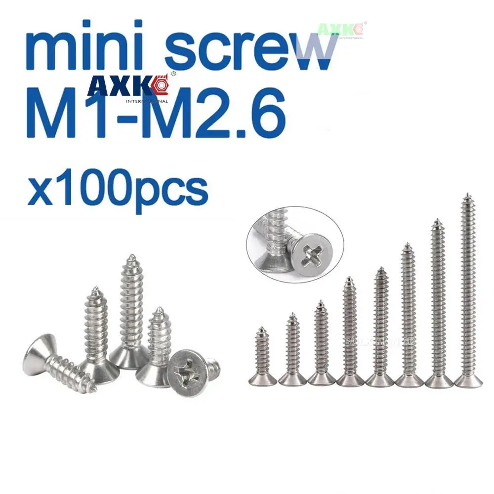 100pcs/lot M1 M1.2 M1.4 M1.7 M2 M2.6 Mini 304 Stainless Steel Cross Phillips Flat Countersunk Head Self-tapping Wood Screw