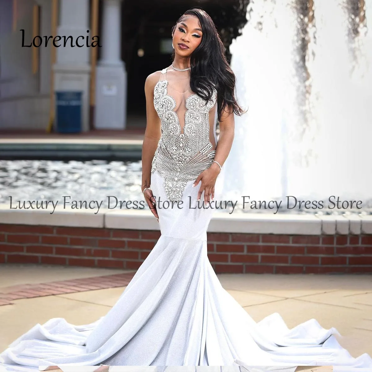 Formal Sparkly Long Mermaid Prom Dress Crystal Customized Sleeveless Rhinestones Beading Bride Party Gown Evening Robe