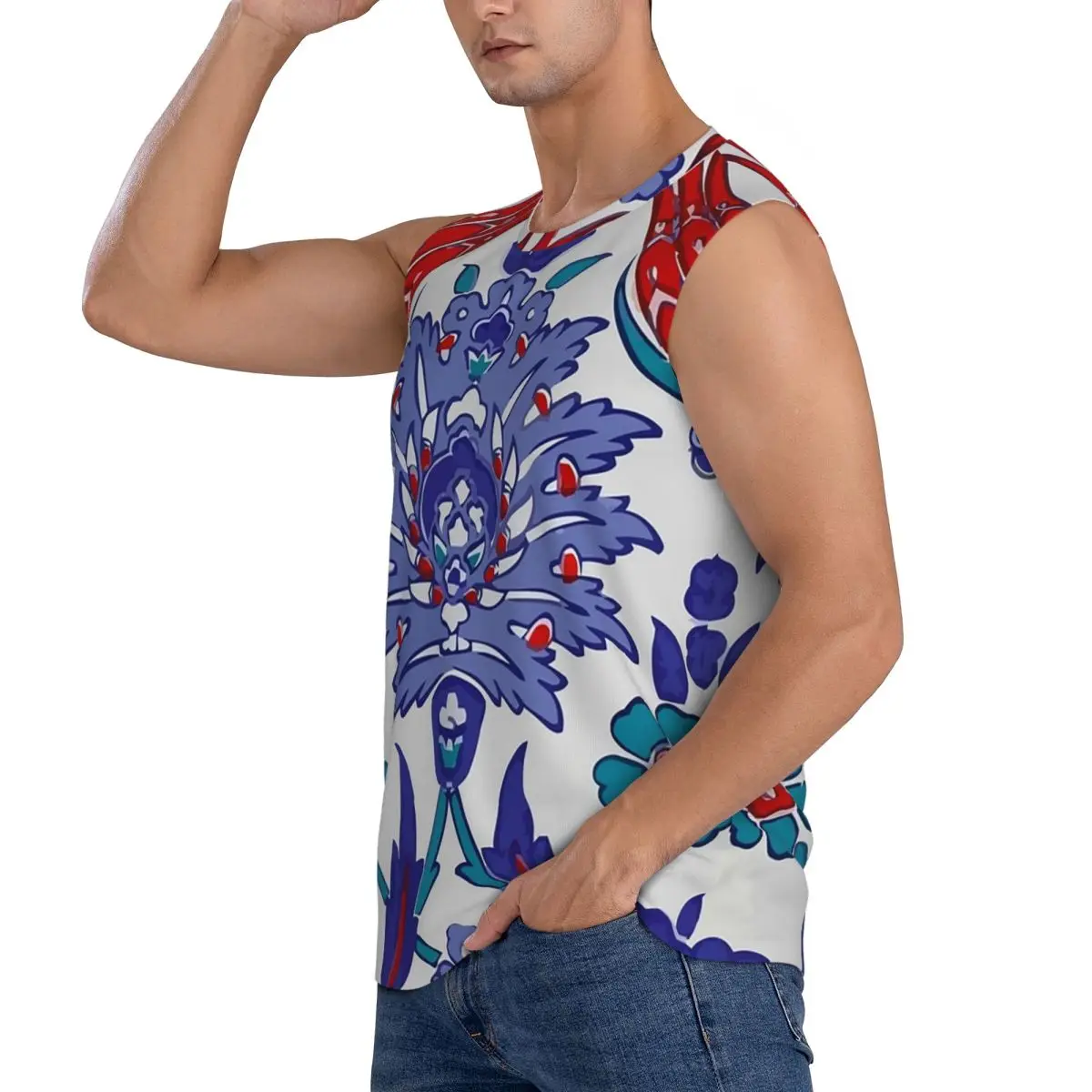 Oriental Tile Floral Pattern Men Sleeveless Tank Tops Quick Dry Breathable Gym Fitness Running Summer Casual Sport Vest