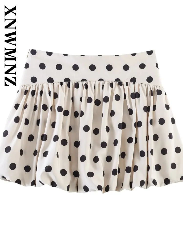 XNWMNZ 2026 Summer New Lady Holiday Preppy wrinkle mini A-lineskirt Vintage Casual Woman Fashion Print Polka dot Slim