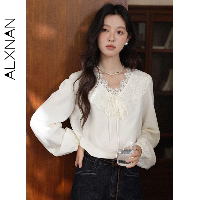 

ALXNAN Women's Shirts Lace Patchwork Tie Collared Neck Lantern Sleeves Beige Blouse New Autumn Commuting Female Clothing L58618