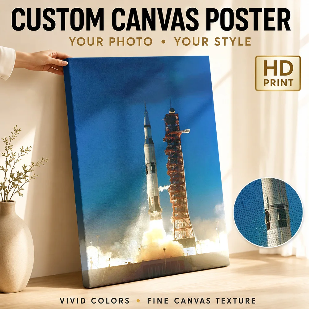Saturn V Rocket Launch Wood Framed Canvas Poster Customized Photo Natural Color Detail Wall Art For Home Office Astronomy Gift