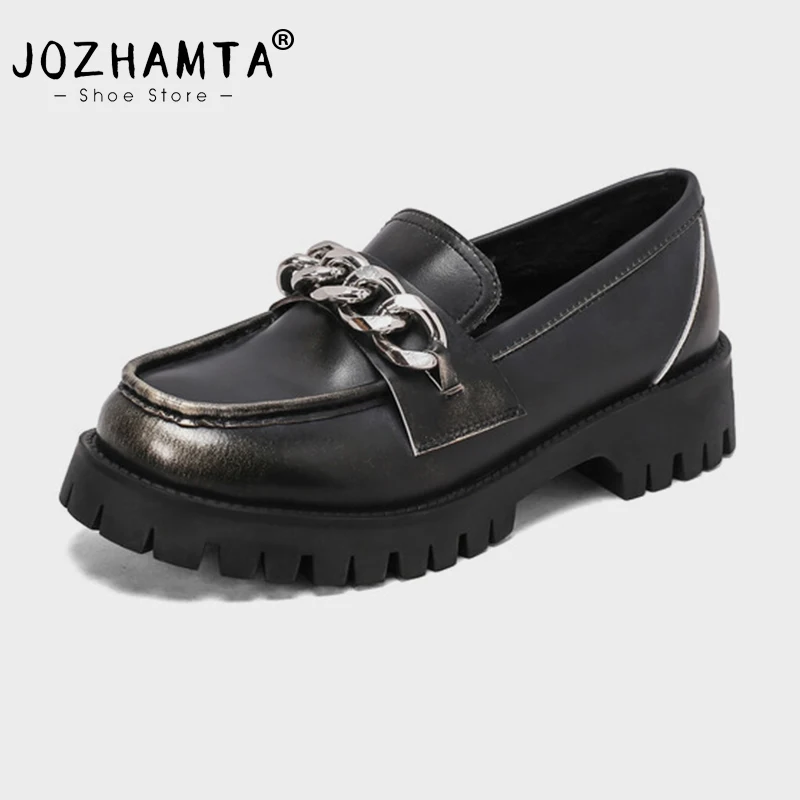 JOZHAMTA Size 34-40 2025 Ins Women Platform Heels Loafers Pumps Shoes Real Leather Fashion Chain Chunky Mid Heel Office Lady