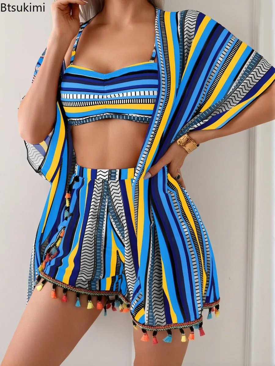 Women Sunscreen Tassel Four Piece Swimsuit Deep V Sexy Bikini Swimsuit Seaside Vacation Fashion Cover Up Retro Striped Swimwear