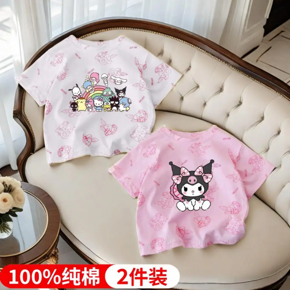 

Sanrio Kuromi/летняя футболка с короткими рукавами для девочек из чистого хлопка с принтом, милый свитшот, детские топы, детские футболки, От 3 до 8 лет