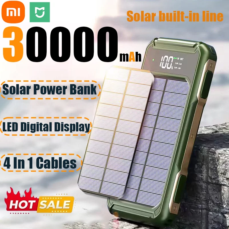 Xiaomi 30000mAh Large Capacity Solar Power Bank 4 in 1 Built in Cables Intelligent Digital Display Laser Light for Samsung Apple